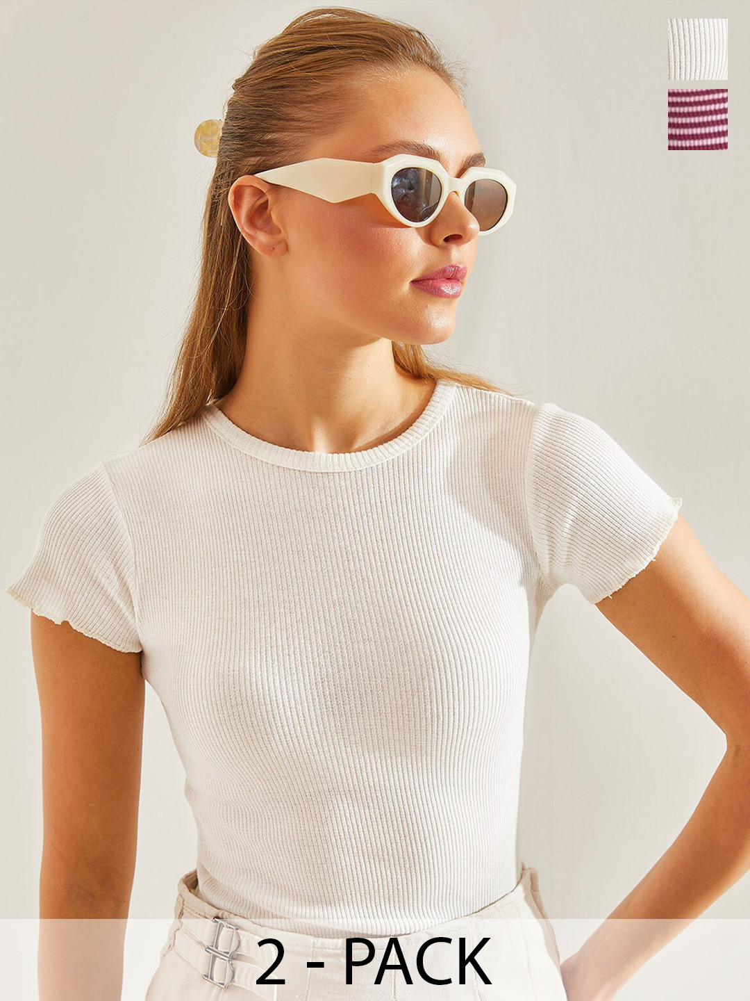 

BIANCO LUCCI Self Design Round Neck Regular Sleeves Cotton Top, White