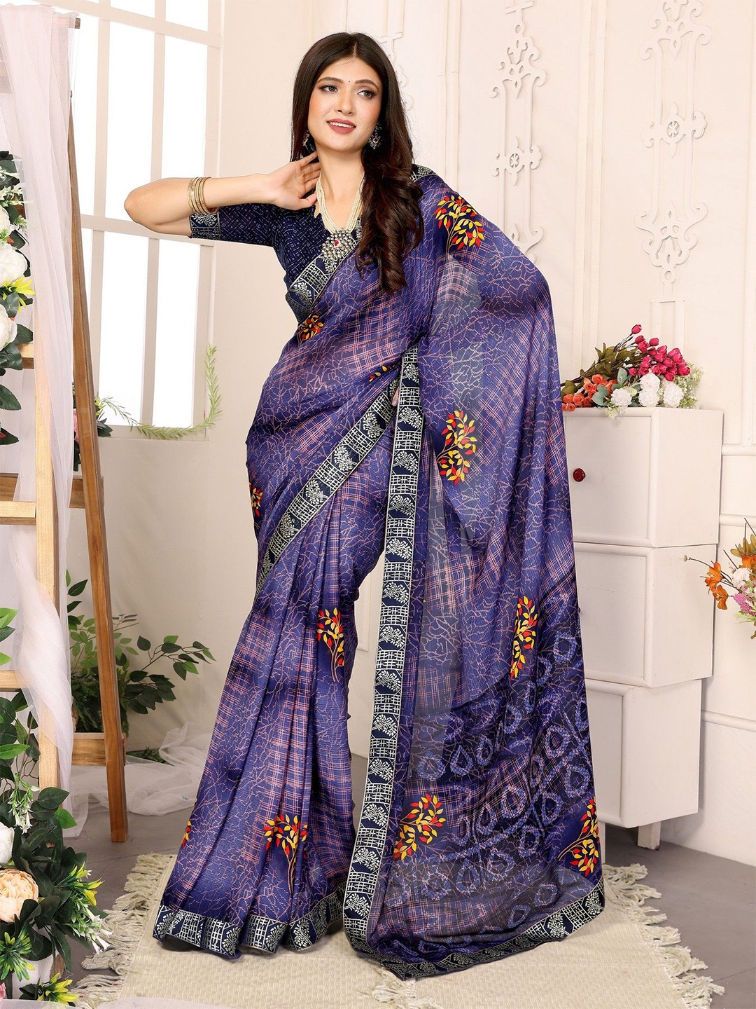 

KALINI Floral Printed Saree, Navy blue