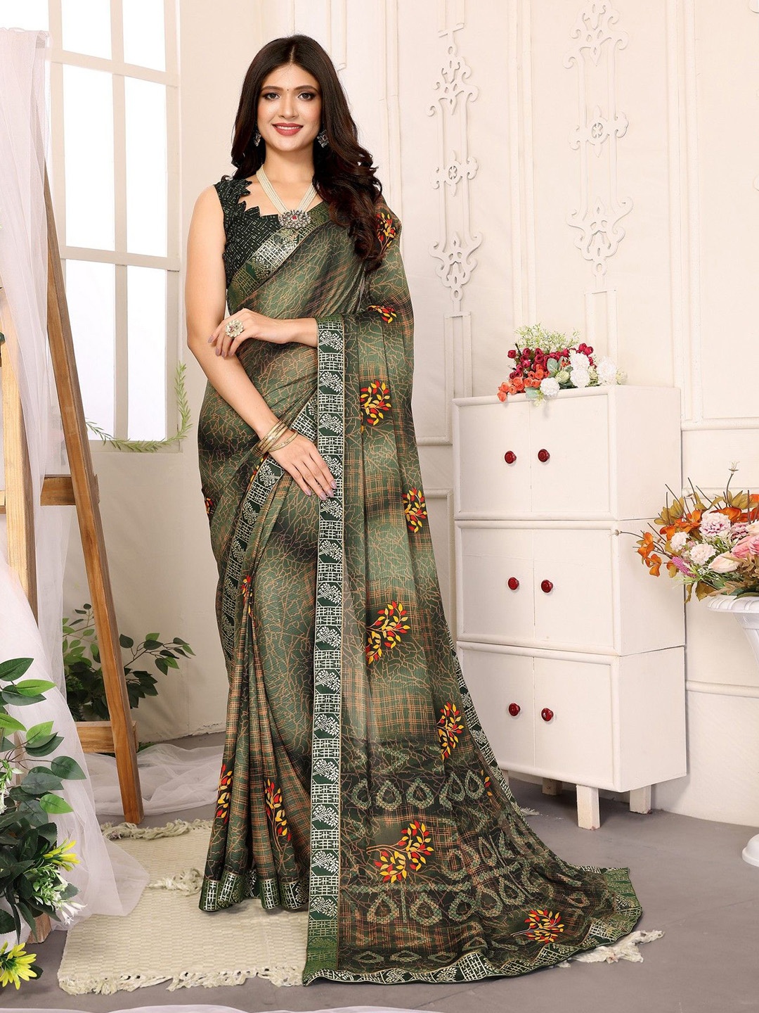 KALINI Floral Saree, Green