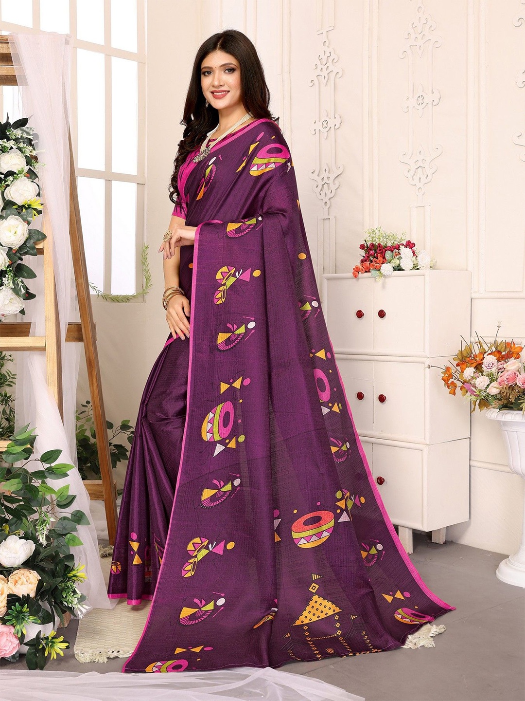 

KALINI Warli Printed Saree, Purple