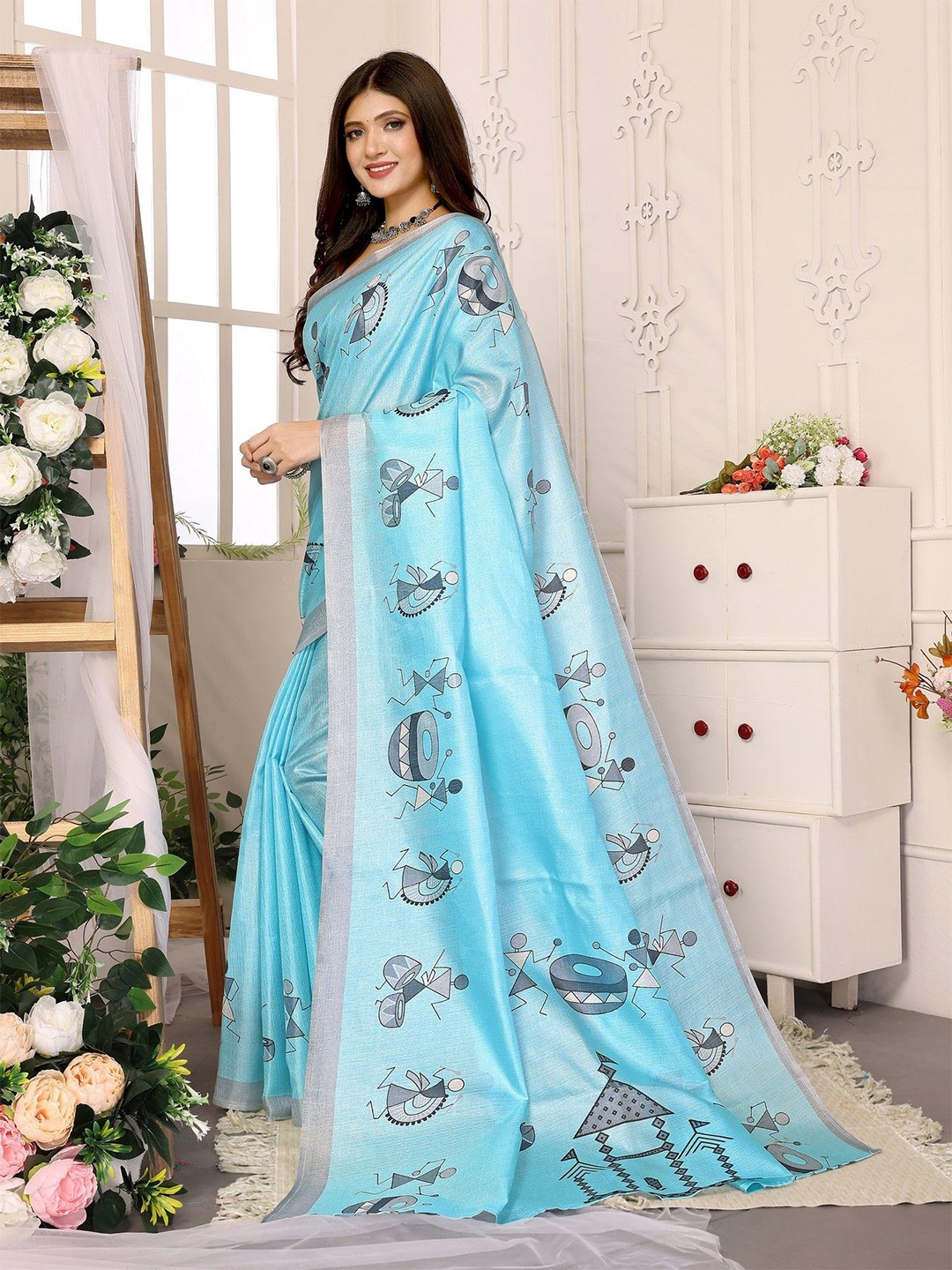 

KALINI Warli Printed Art Silk Saree, Blue