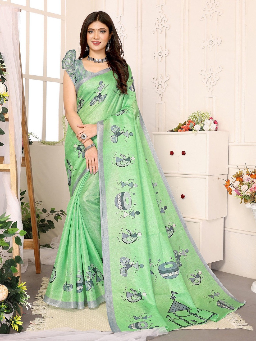 

KALINI Warli Printed Saree, Green