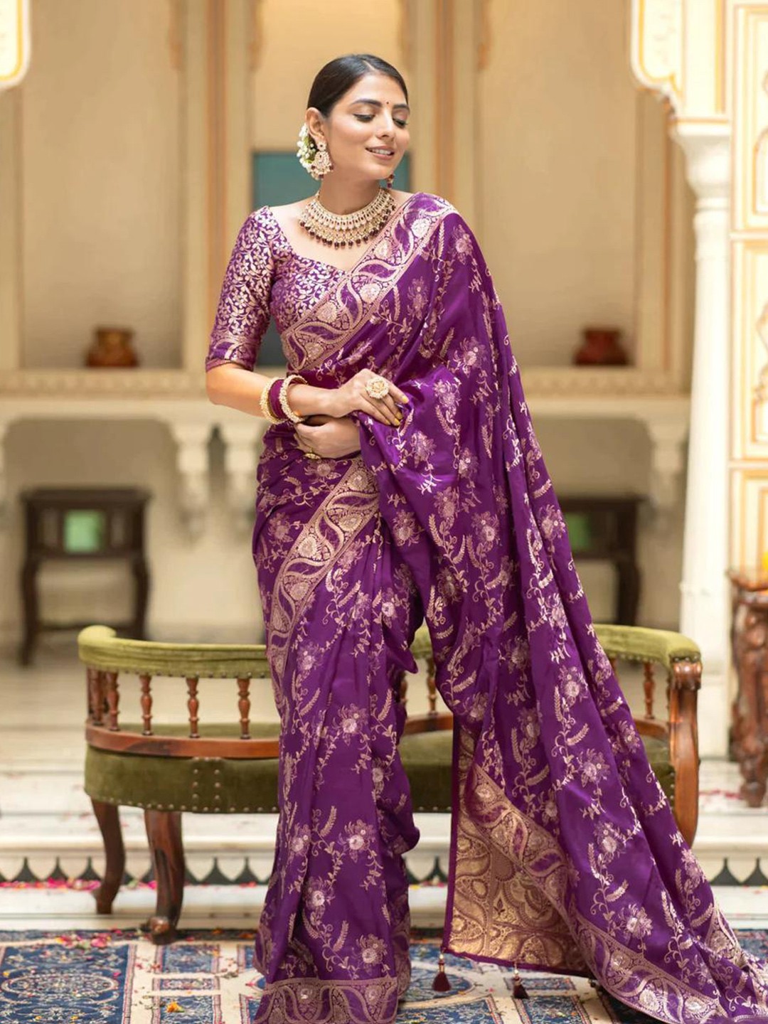 

PHEASANT Woven Design Banarasi Saree, Purple