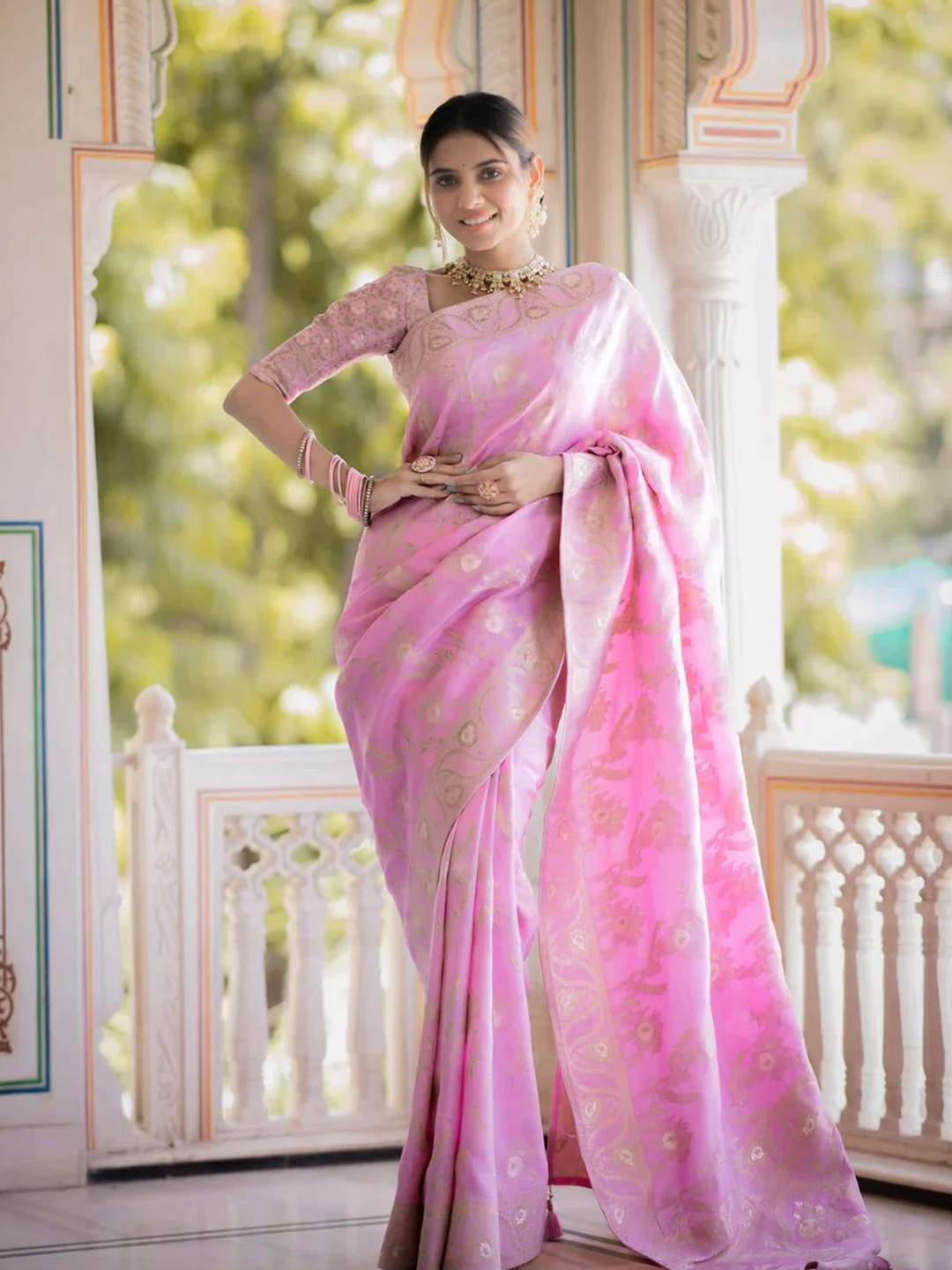 

PHEASANT Ethnic Motifs Zari Banarasi Saree, Peach