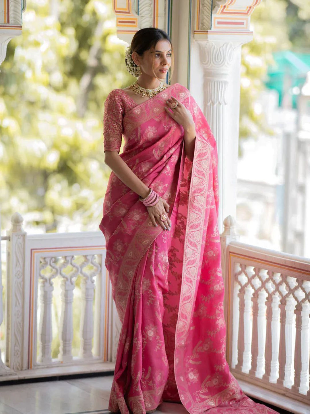 

PHEASANT Ethnic Motifs Zari Banarasi Saree, Pink