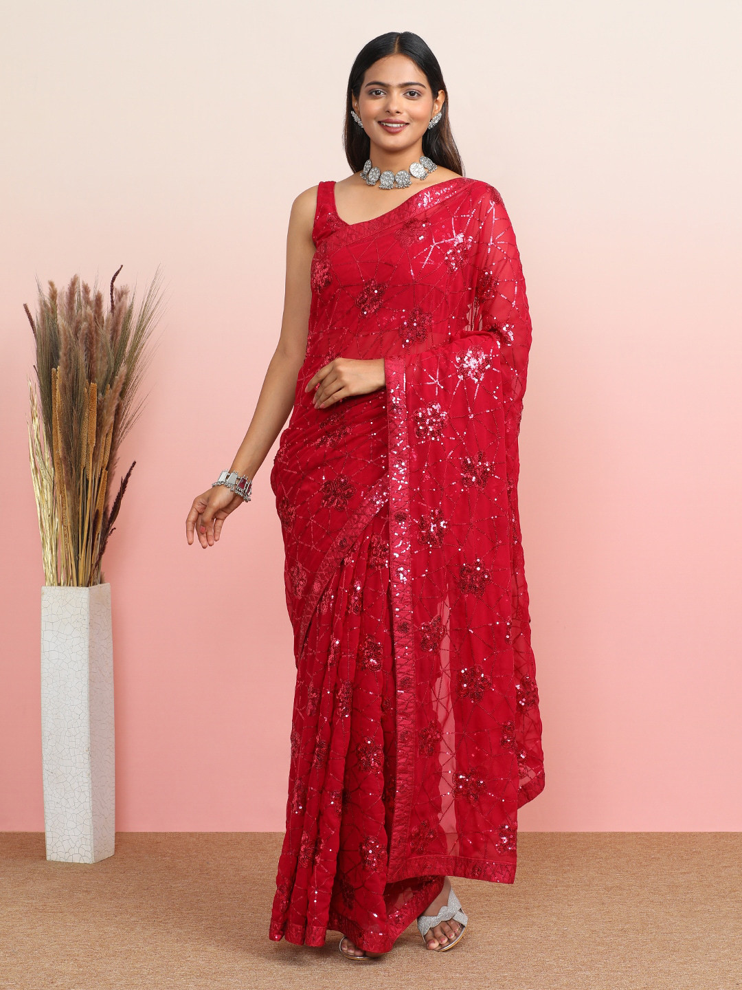 

MAHALASA Ethnic Motifs Embroidered Pure Georgette Saree, Purple