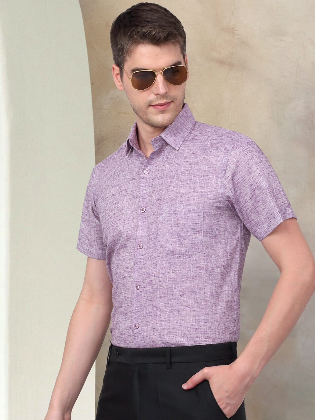 

Indian Needle Textured Classic Cutaway Collar Cotton Formal Shirt, Purple