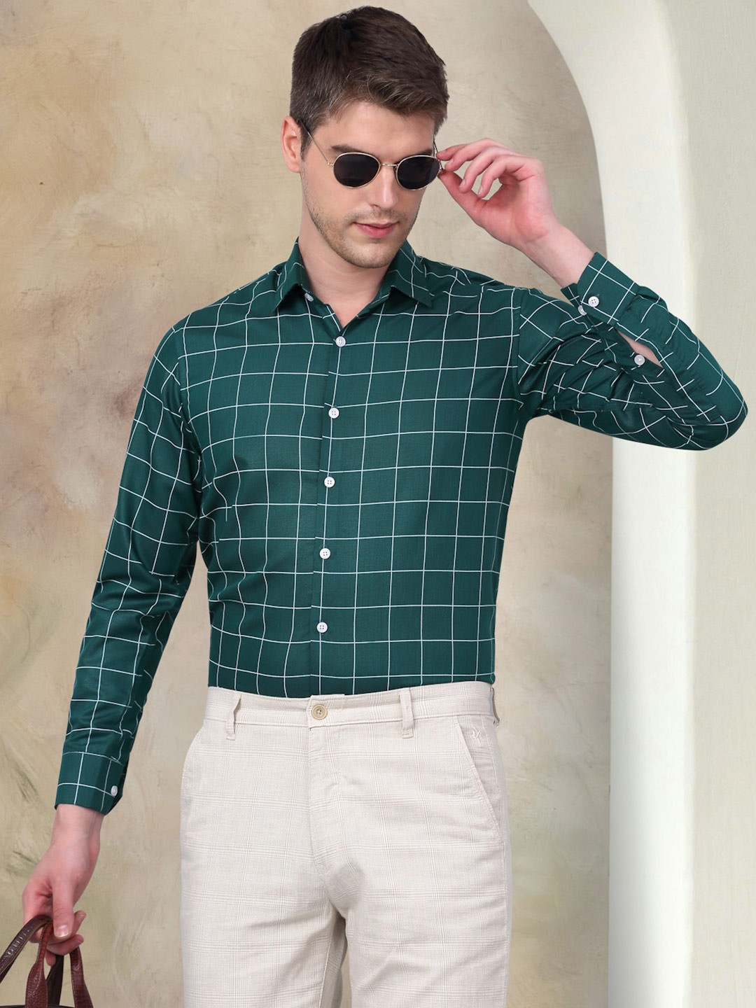 

Indian Needle Classic Windowpane Checks Opaque Checked Cotton Formal Shirt, Green