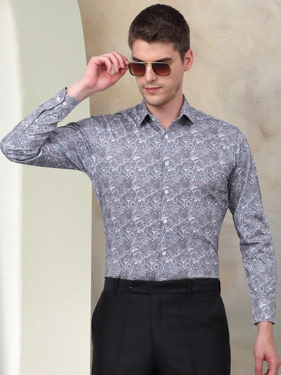 Indian Needle Classic Floral Opaque Printed Cotton Formal Shirt, Grey