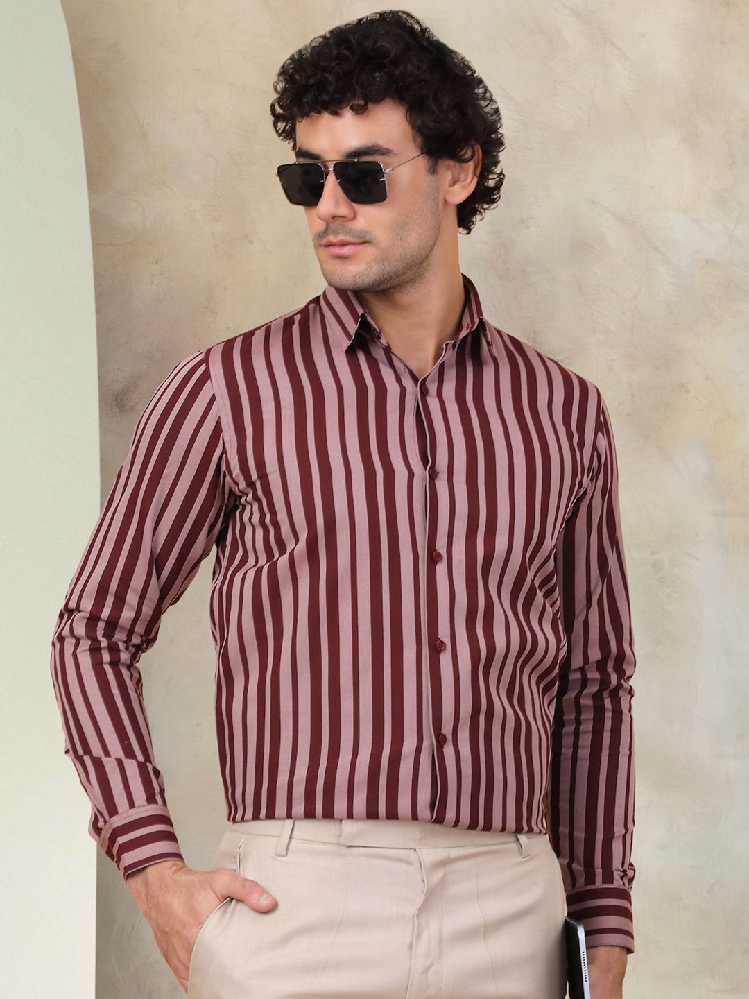 

Indian Needle Classic Opaque Striped Cotton Formal Shirt, Maroon