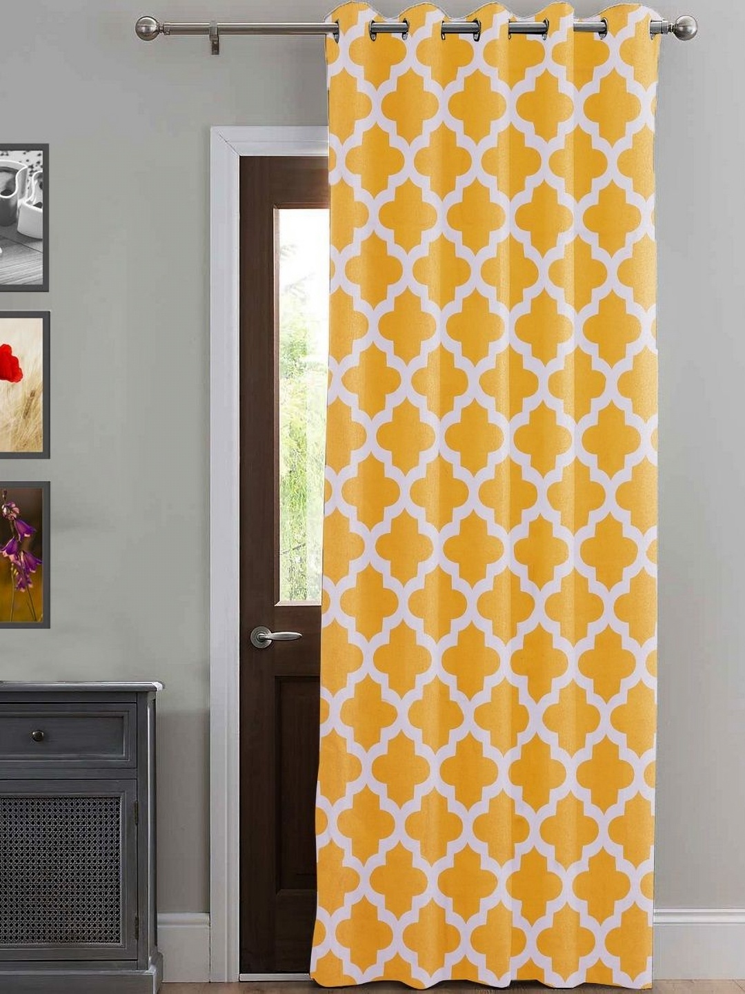 

HOMEMONDE Yellow & White Geometric Cotton Room Darkening Long Door Curtain