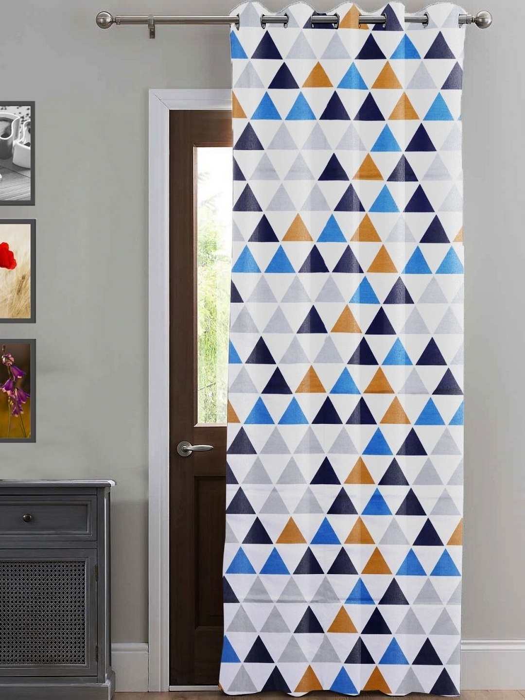 

HOMEMONDE White & Blue Geometric Cotton Room Darkening Door Curtain
