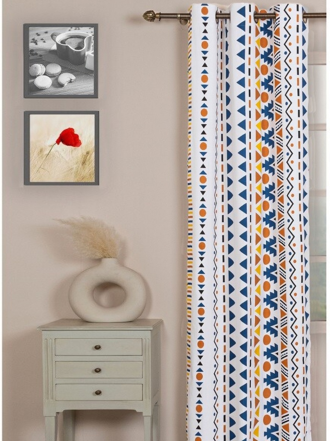 

HOMEMONDE White & Blue Geometric Cotton Room Darkening Long Door Curtain