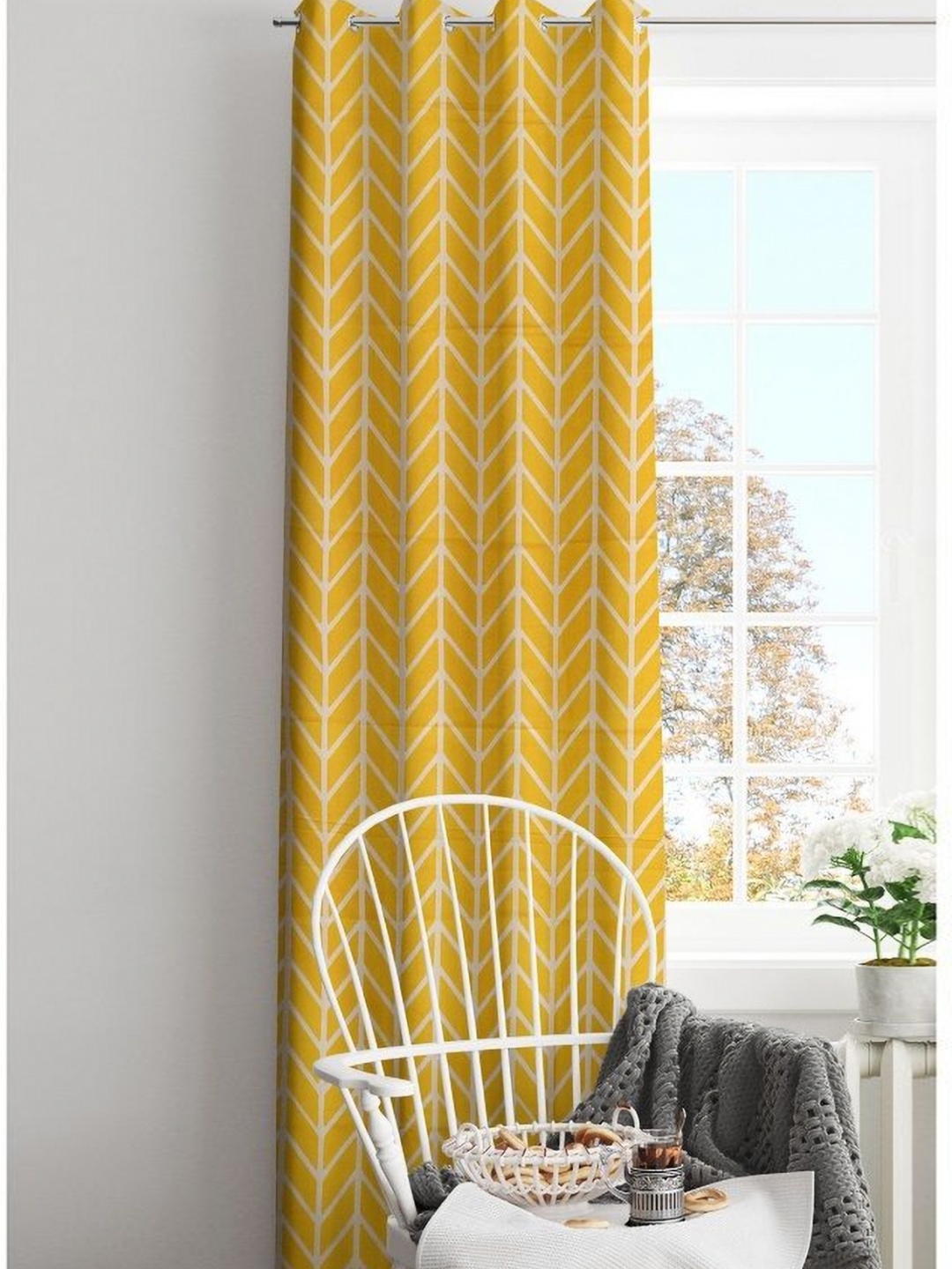 

HOMEMONDE Yellow & White Geometric Cotton Room Darkening Long Door Curtain