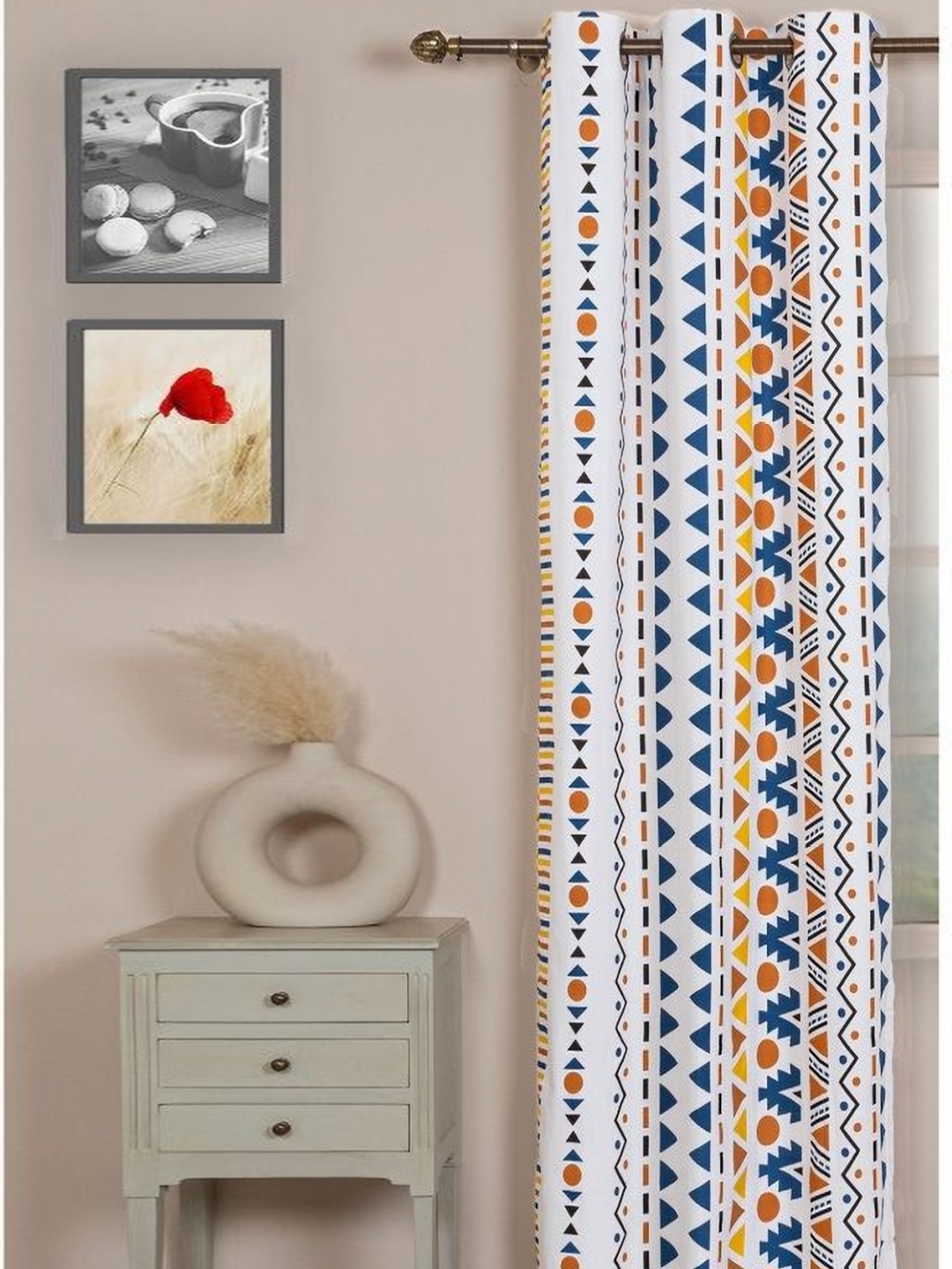

HOMEMONDE White & Blue Geometric Printed Room Darkening Door Curtain