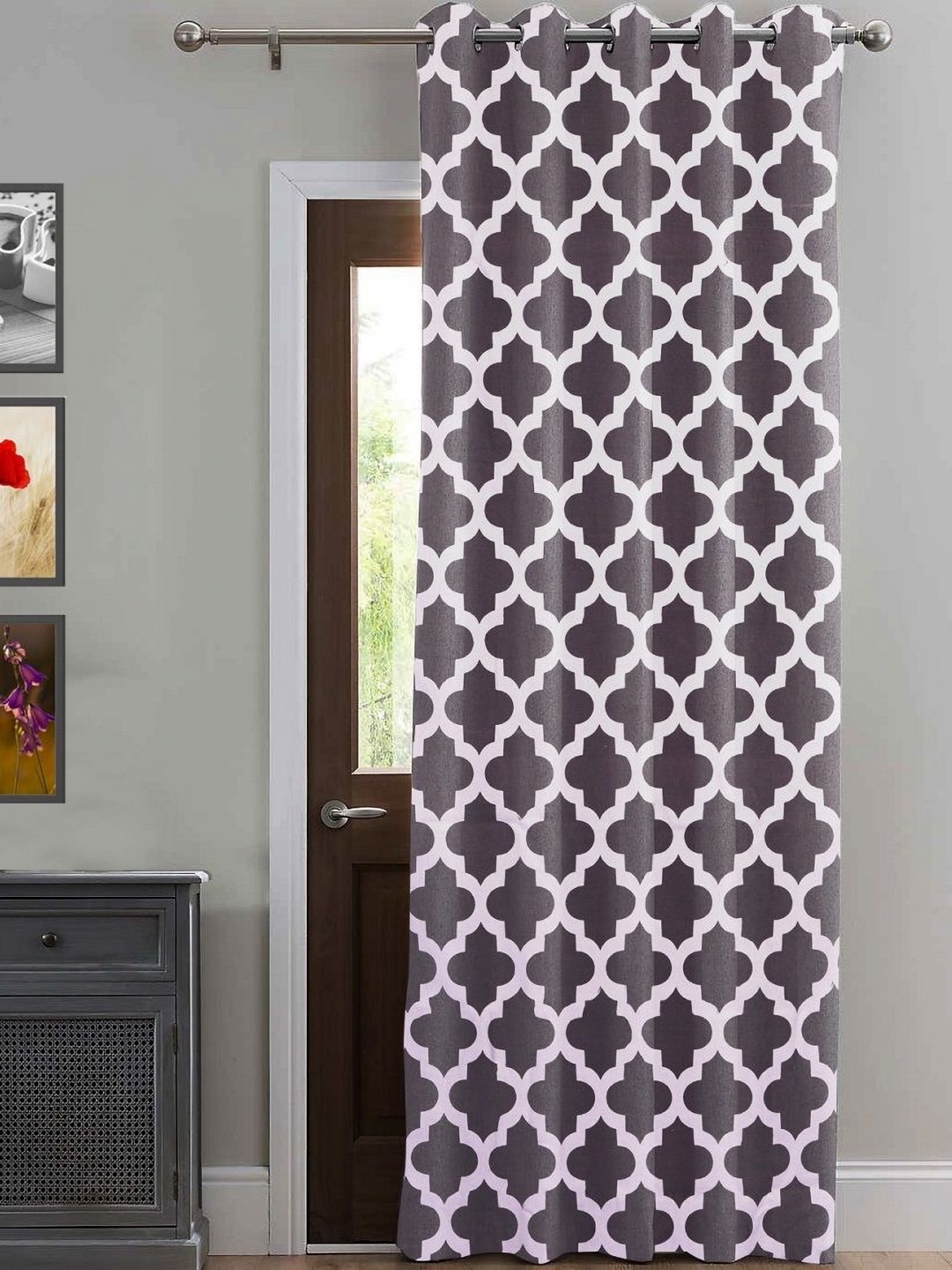 

HOMEMONDE Grey & Lavender Geometric Cotton Room Darkening Window Curtain