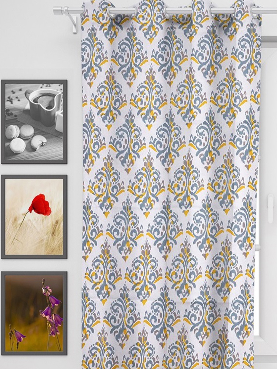 

HOMEMONDE Yellow & Grey Ethnic Motifs Printed Room Darkening Window Curtain