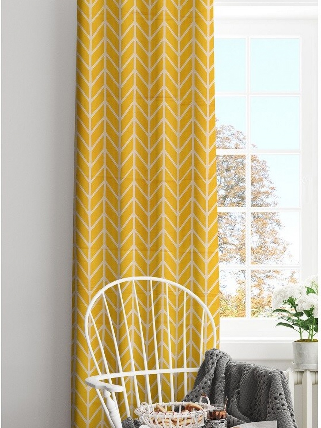 

HOMEMONDE Yellow & White Geometric Room Darkening Eyelet Long Door Curtain