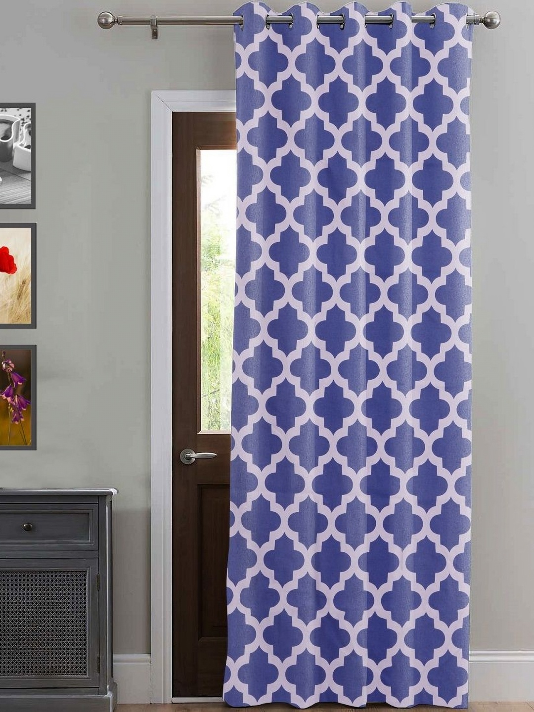 

HOMEMONDE Blue & White Geometric Cotton Room Darkening Long Door Curtain