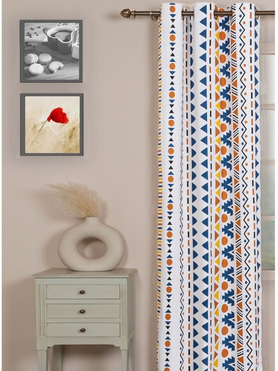 

HOMEMONDE White & Red Geometric Cotton Room Darkening Window Curtain