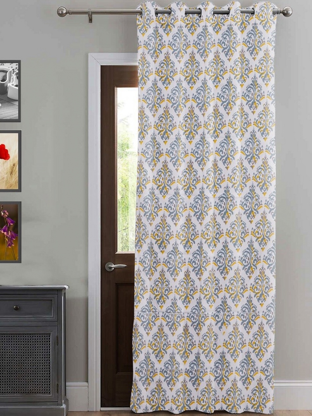 

HOMEMONDE Yellow & White Ethnic Motifs Printed Room Darkening Long Door Curtain