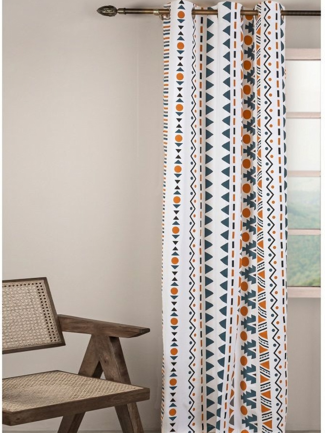 

HOMEMONDE White & Rust Geometric Cotton Room Darkening Long Door Curtain