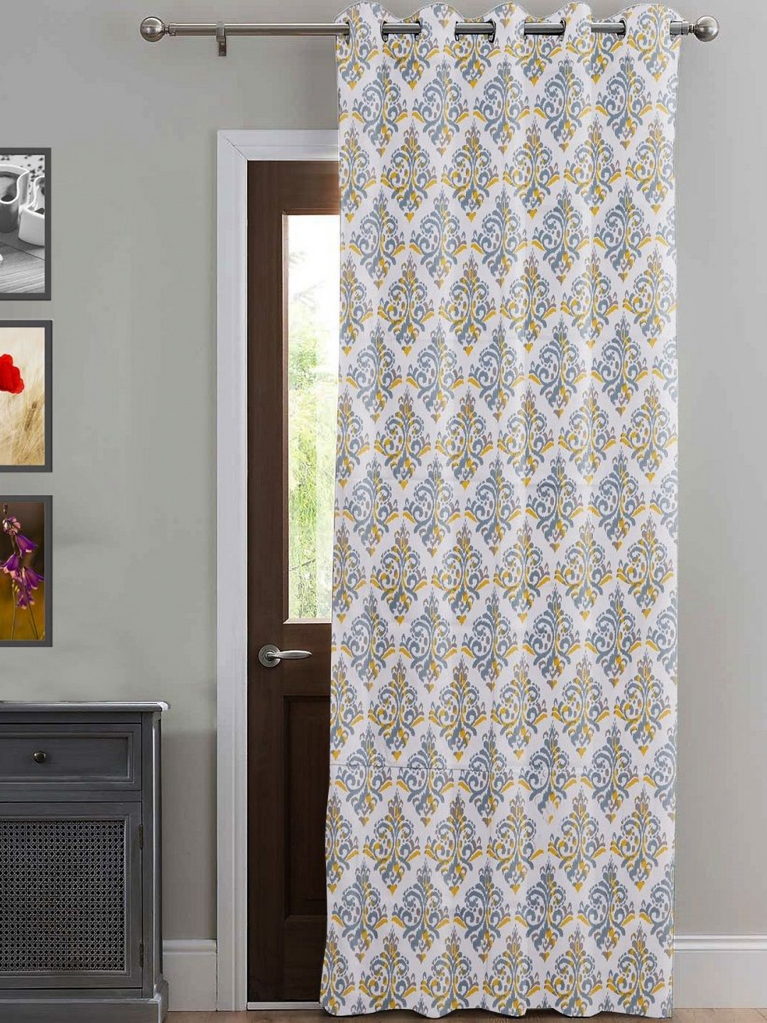 

HOMEMONDE Yellow & White Ethnic Motifs Cotton Room Darkening Long Door Curtain