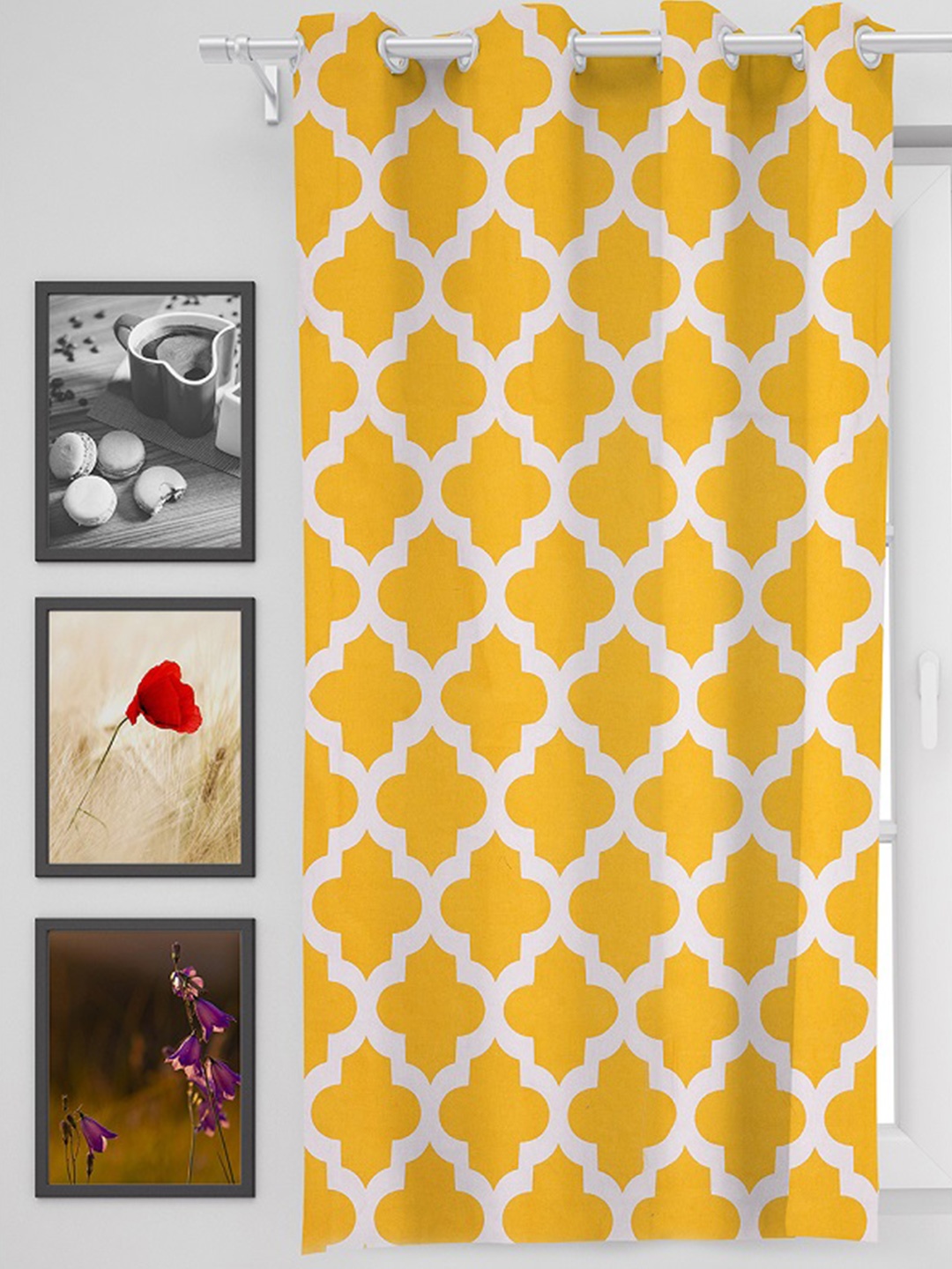 

HOMEMONDE Yellow & White Geometric Printed Room Darkening Window Curtain