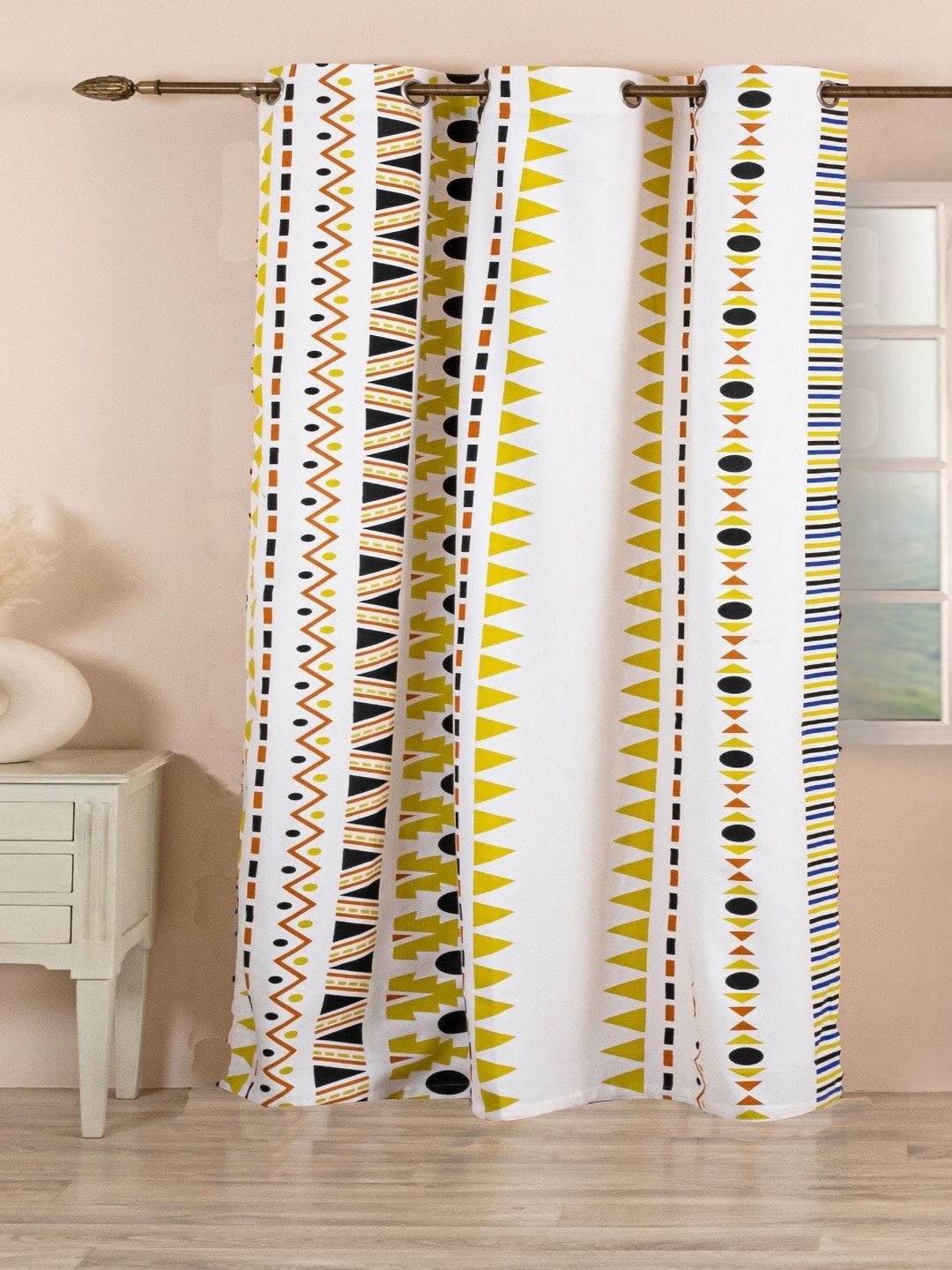 

HOMEMONDE Yellow & White Geometric Room Darkening Long Door Curtain