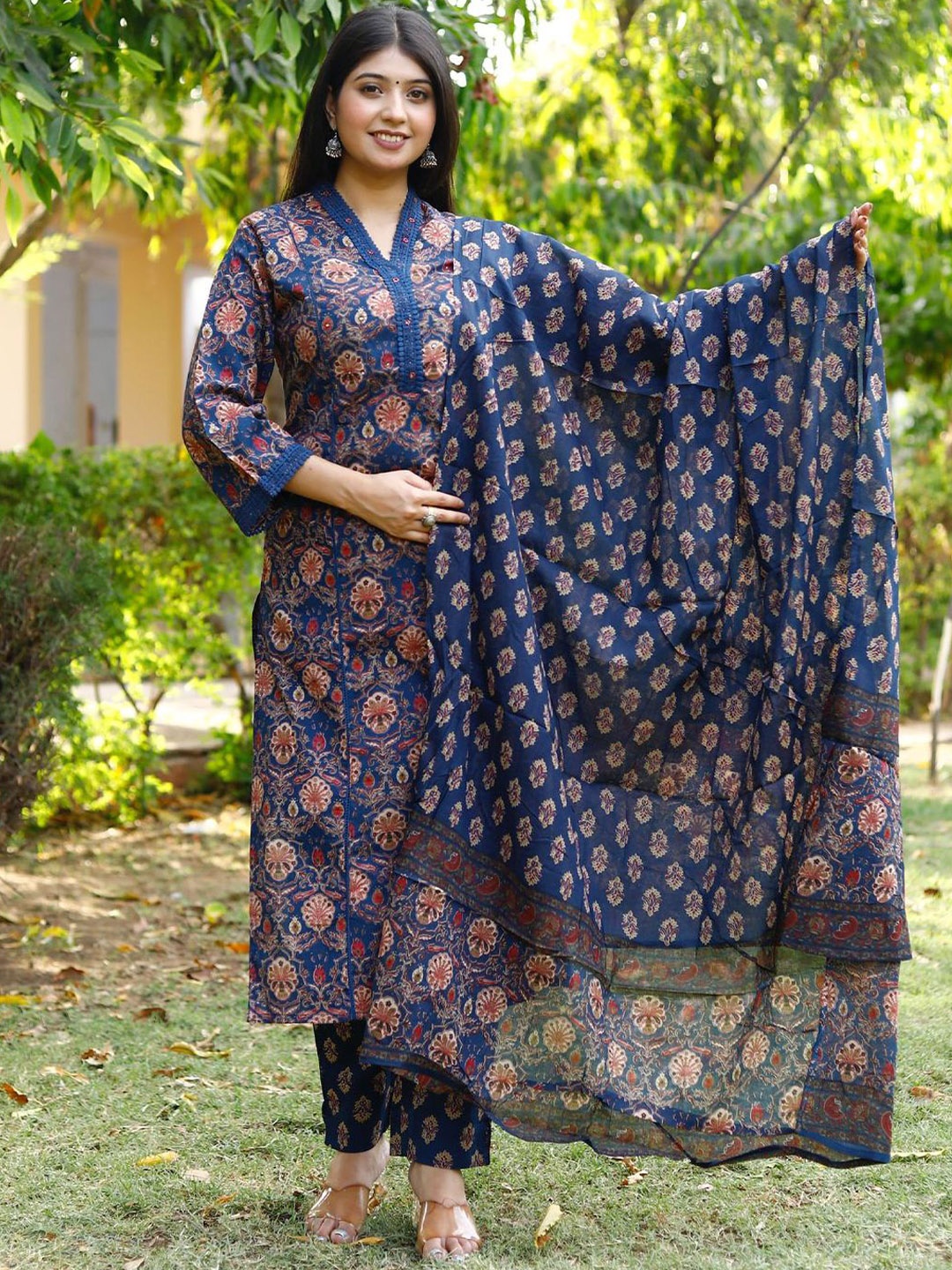 

KALINI Floral Printed Regular Pure Cotton Kurta with Trousers & Dupatta, Blue