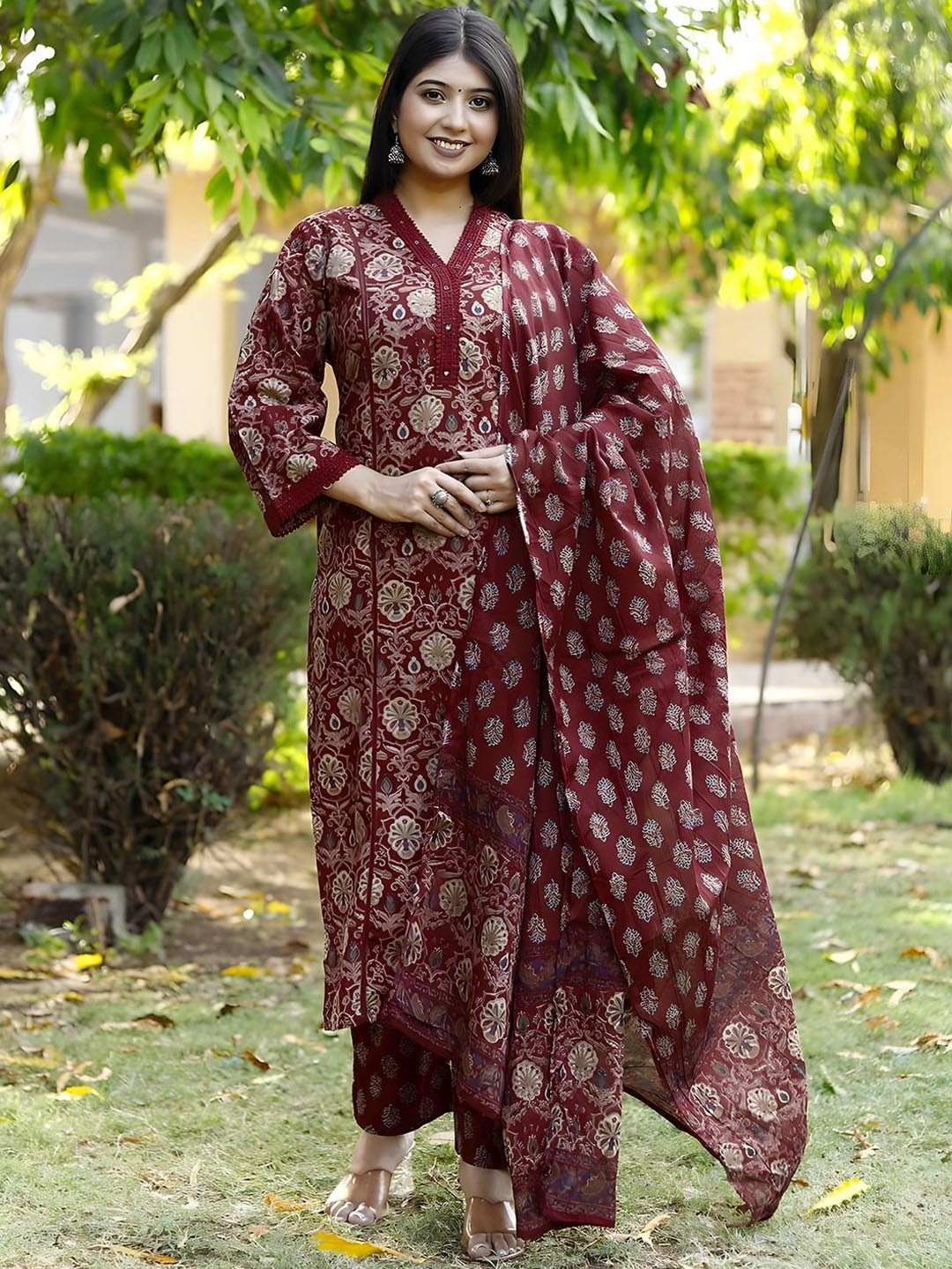 

KALINI Floral Printed Regular Pure Cotton Kurta Straight With Trousers & Dupatta, Maroon