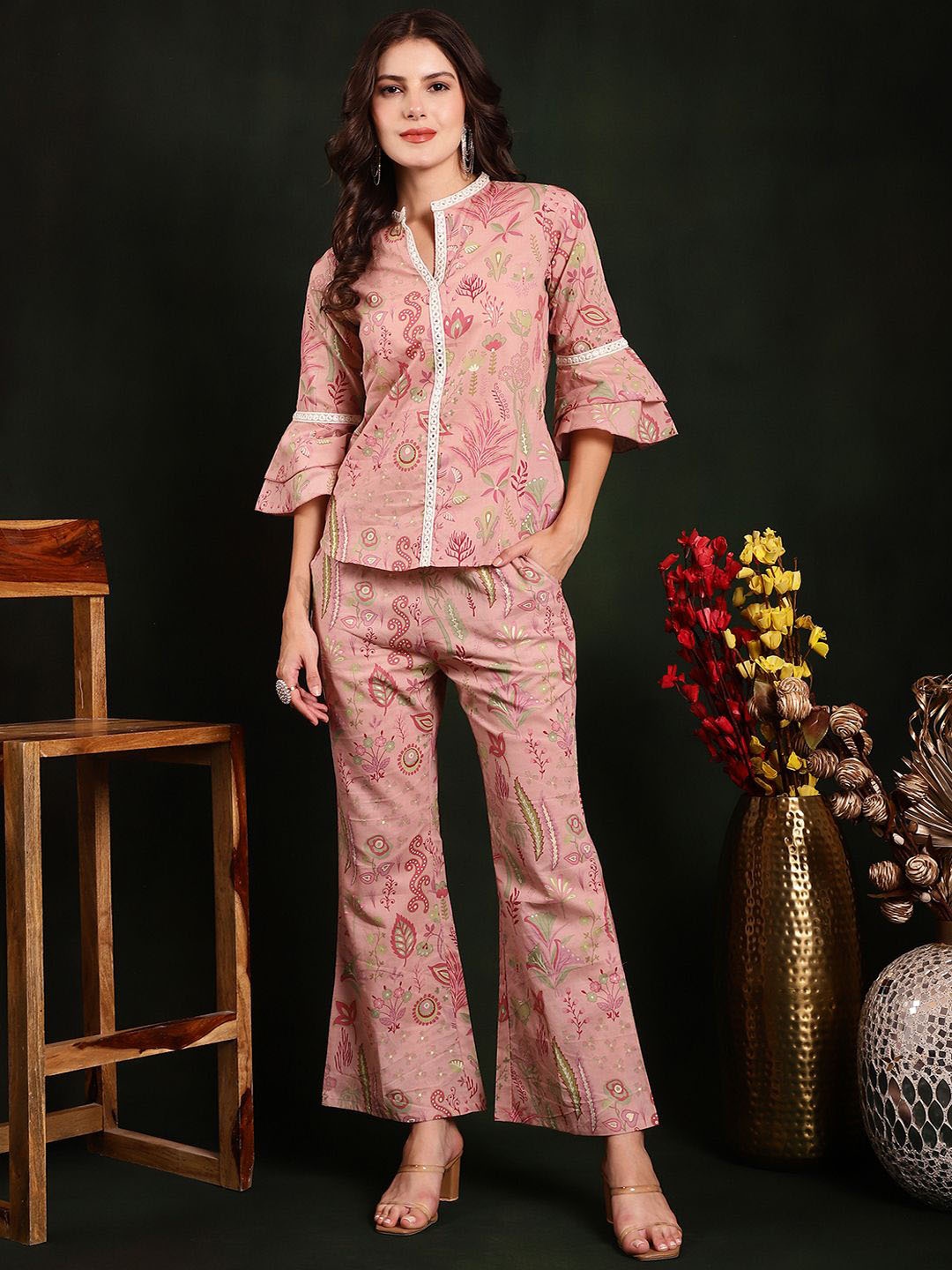 

Claura Ethnic Motifs Printed Mandarin Collar Pure Cotton Top With Trousers, Pink