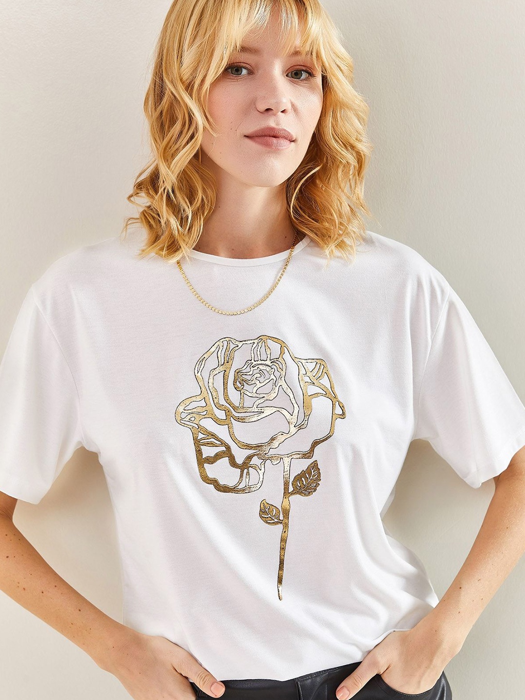 

BIANCO LUCCI Printed Round Neck Drop-Shoulder Sleeves Regular-Fit T-shirt, Na