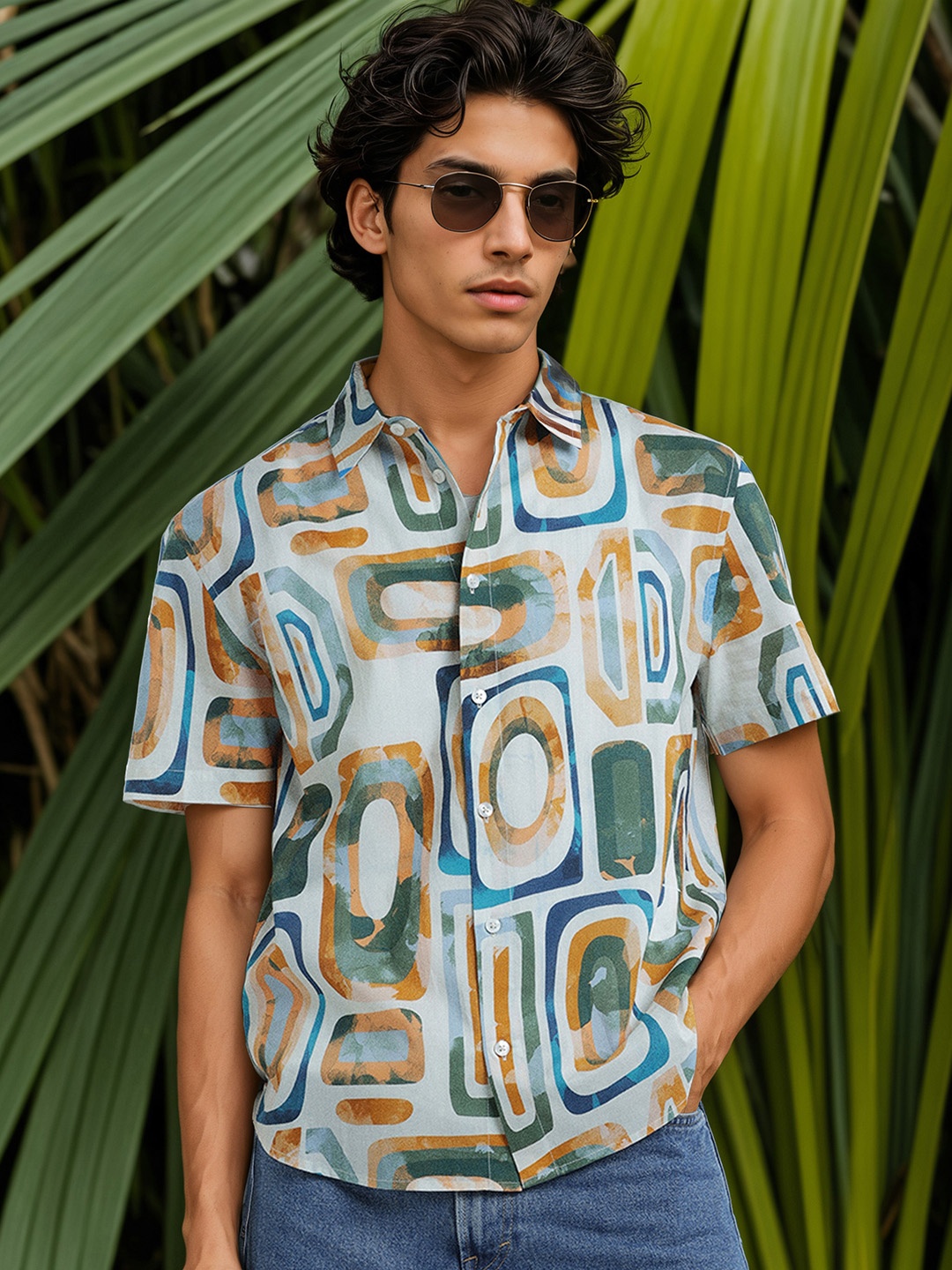 

H&M Pure Cotton Relaxed Fit Half Sleeve Printed Shirt, Blue
