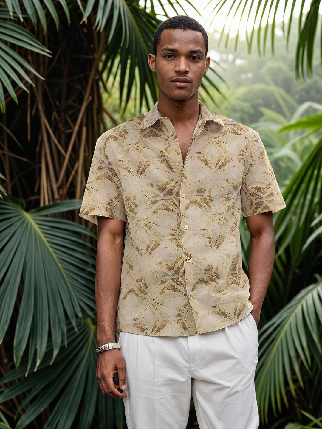 

H&M Pure Cotton Relaxed Fit Half Sleeve Printed Shirt, Beige