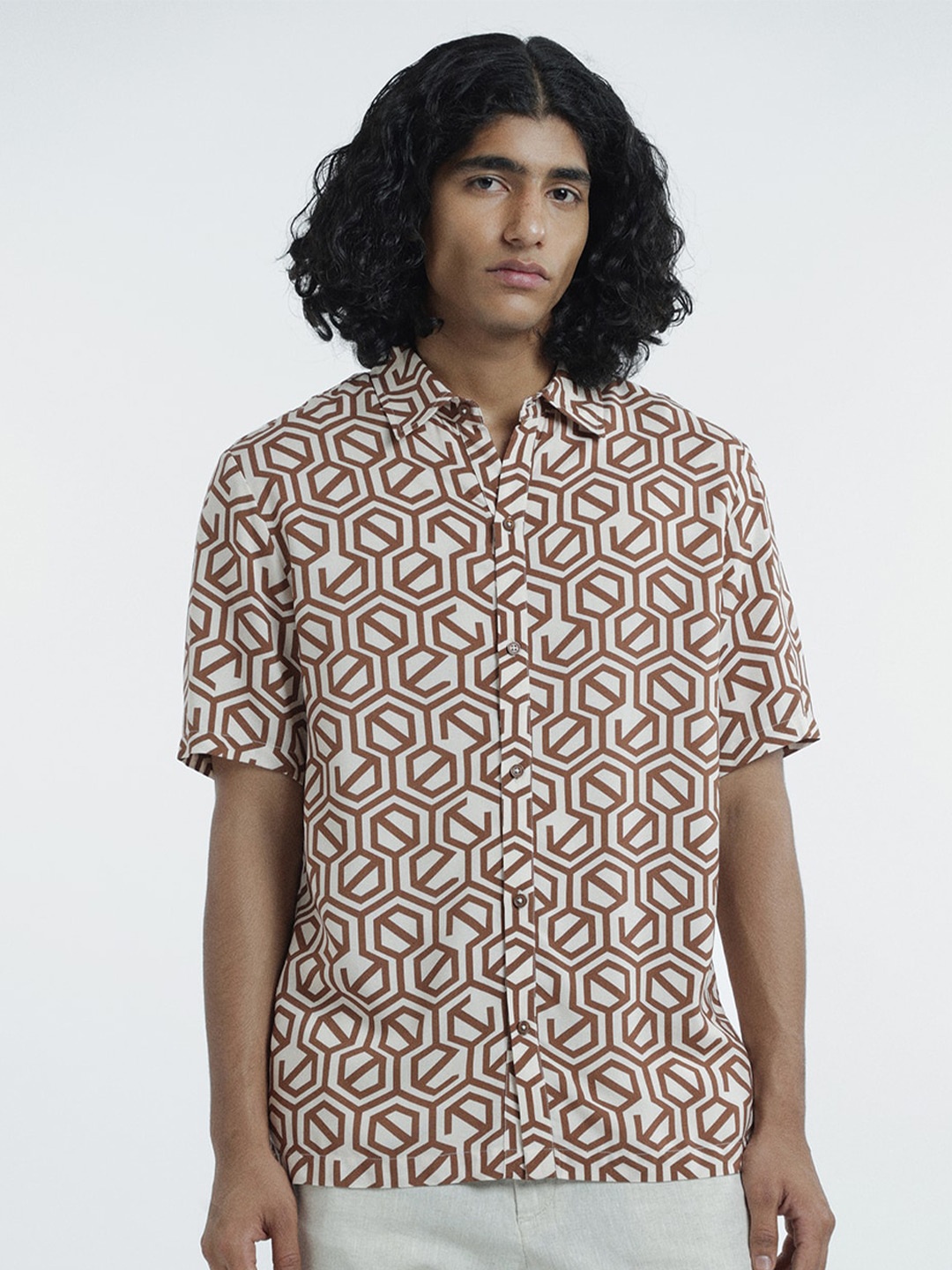 

H&M Relaxed Fit Half Sleeve Printed Shirt, Beige