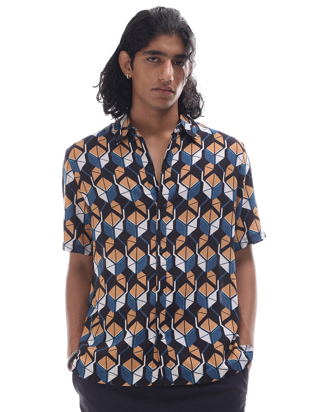 

H&M Relaxed Fit Half Sleeve Printed Shirt, Brown