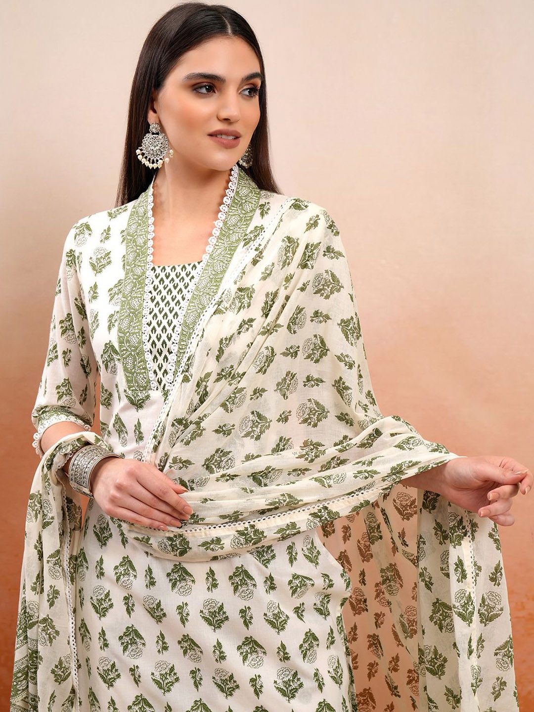 

Vishudh Green Floral Printed Regular Pure Cotton Kurta with Trousers & With Dupatta, Cream