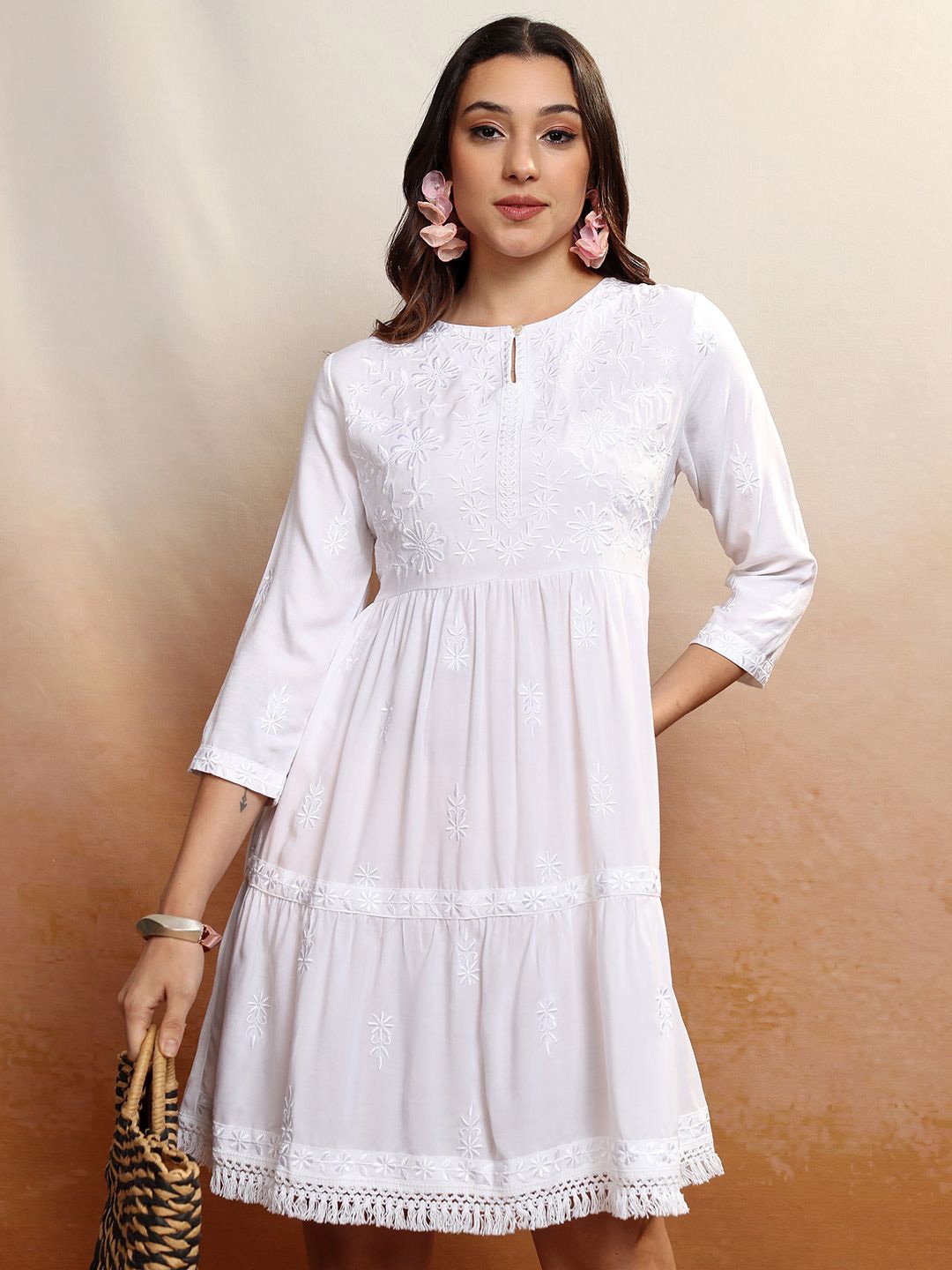 

Vishudh Women Floral Embroidered Keyhole Neck Tiered Fit & Flare Dress, White