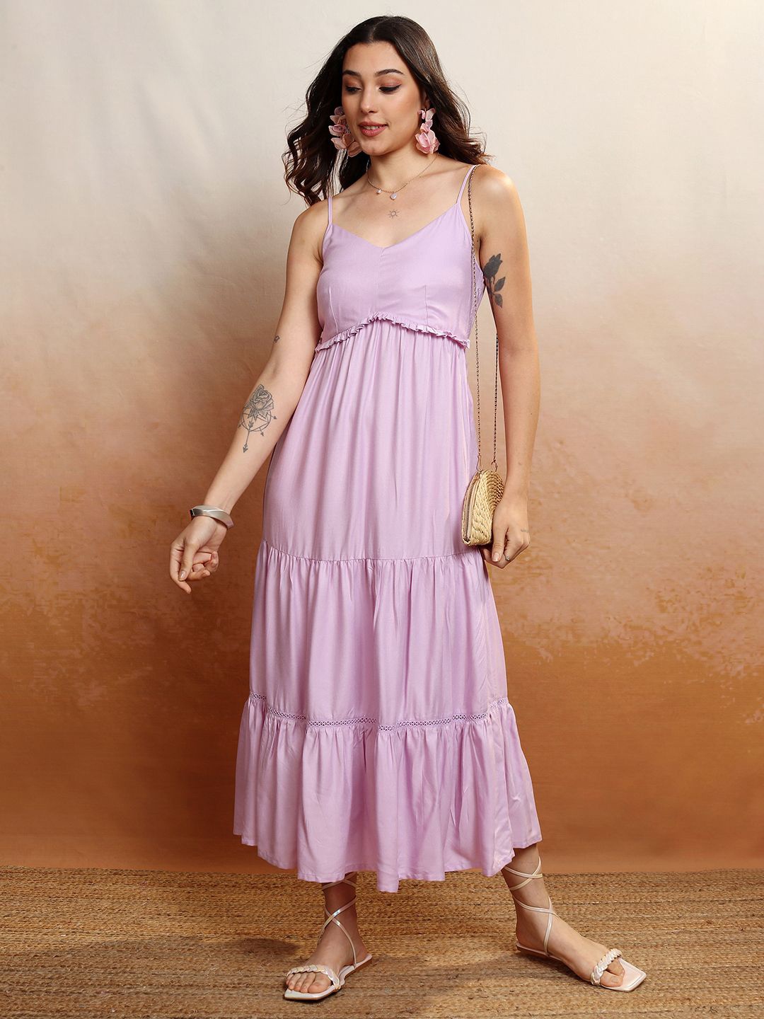 

Vishudh Women Shoulder Straps Gathered Tiered Maxi Fit & Flare Dress, Lavender