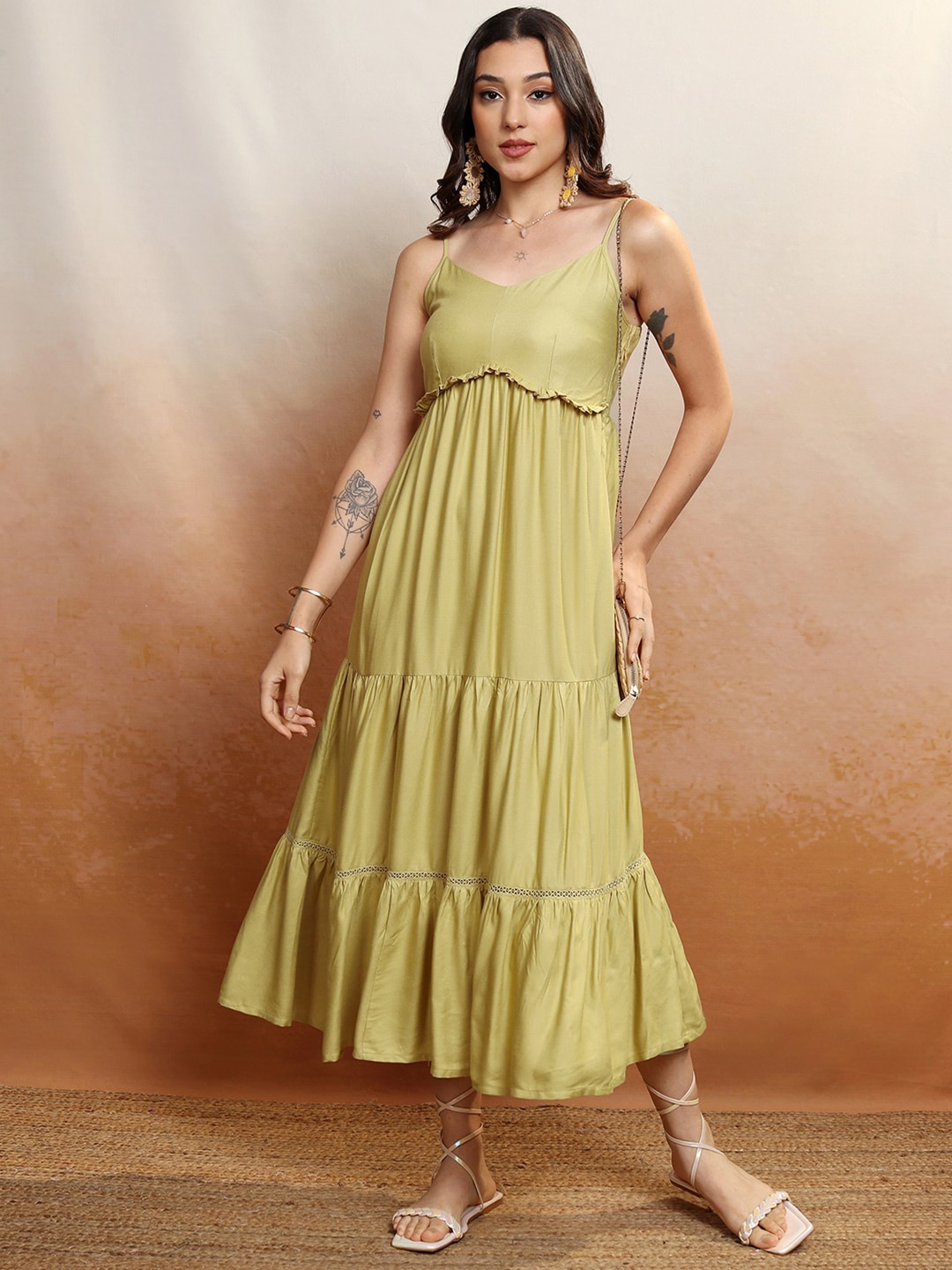 

Vishudh Mustard Yellow Shoulder Straps Tiered Empire Maxi Dress