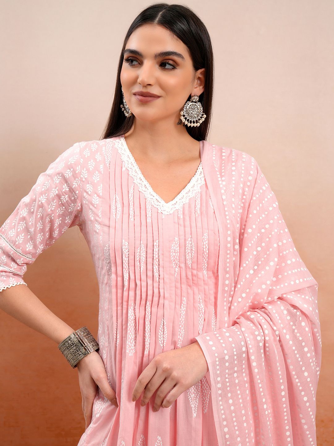 

Vishudh Ethnic Motifs Printed Pure Cotton A-Line Kurta & Trousers With Dupatta, Pink