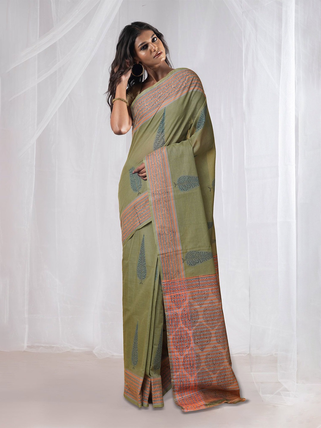 

Unnati Silks Ethnic Motifs Pure Cotton Handloom Mangalagiri Saree, Green
