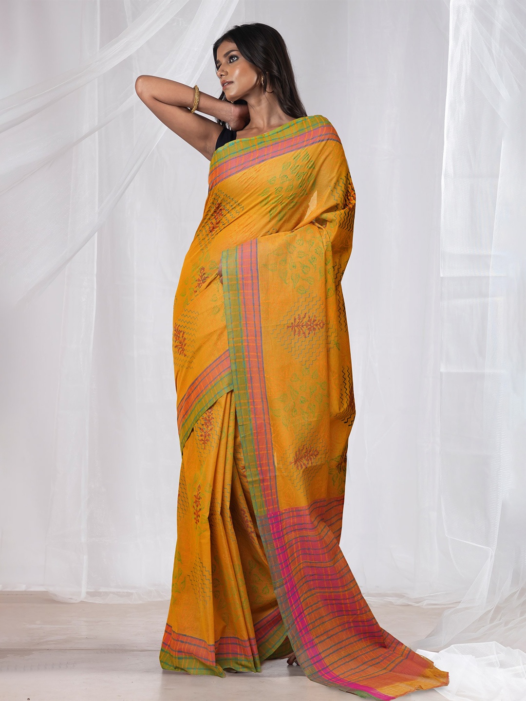 

Unnati Silks Ethnic Motifs Pure Cotton Handloom Mangalagiri Saree, Yellow