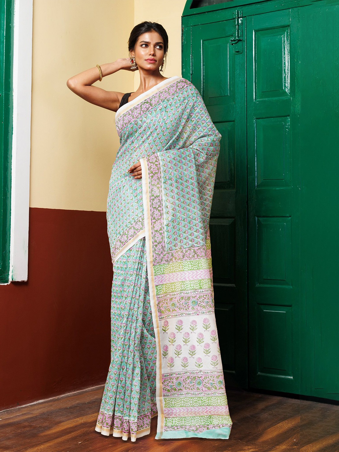 

Unnati Silks Floral Silk Cotton Handloom Chanderi Saree, Green