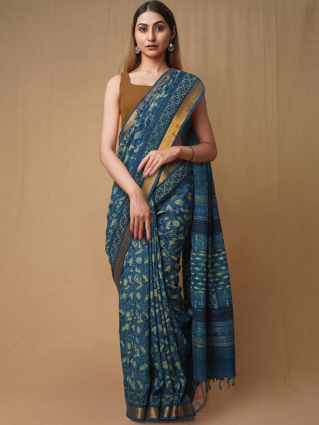 

Unnati Silks Ajrak Block Zari Pure Silk Handloom Chanderi Saree, Blue