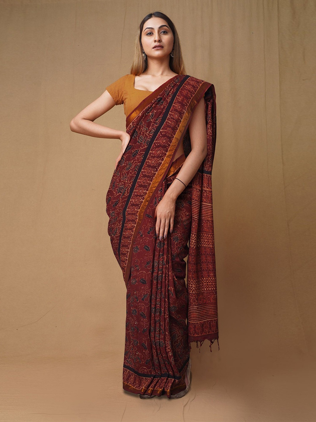 

Unnati Silks Ethnic Motifs Zari Pure Silk Handloom Chanderi Saree, Brown