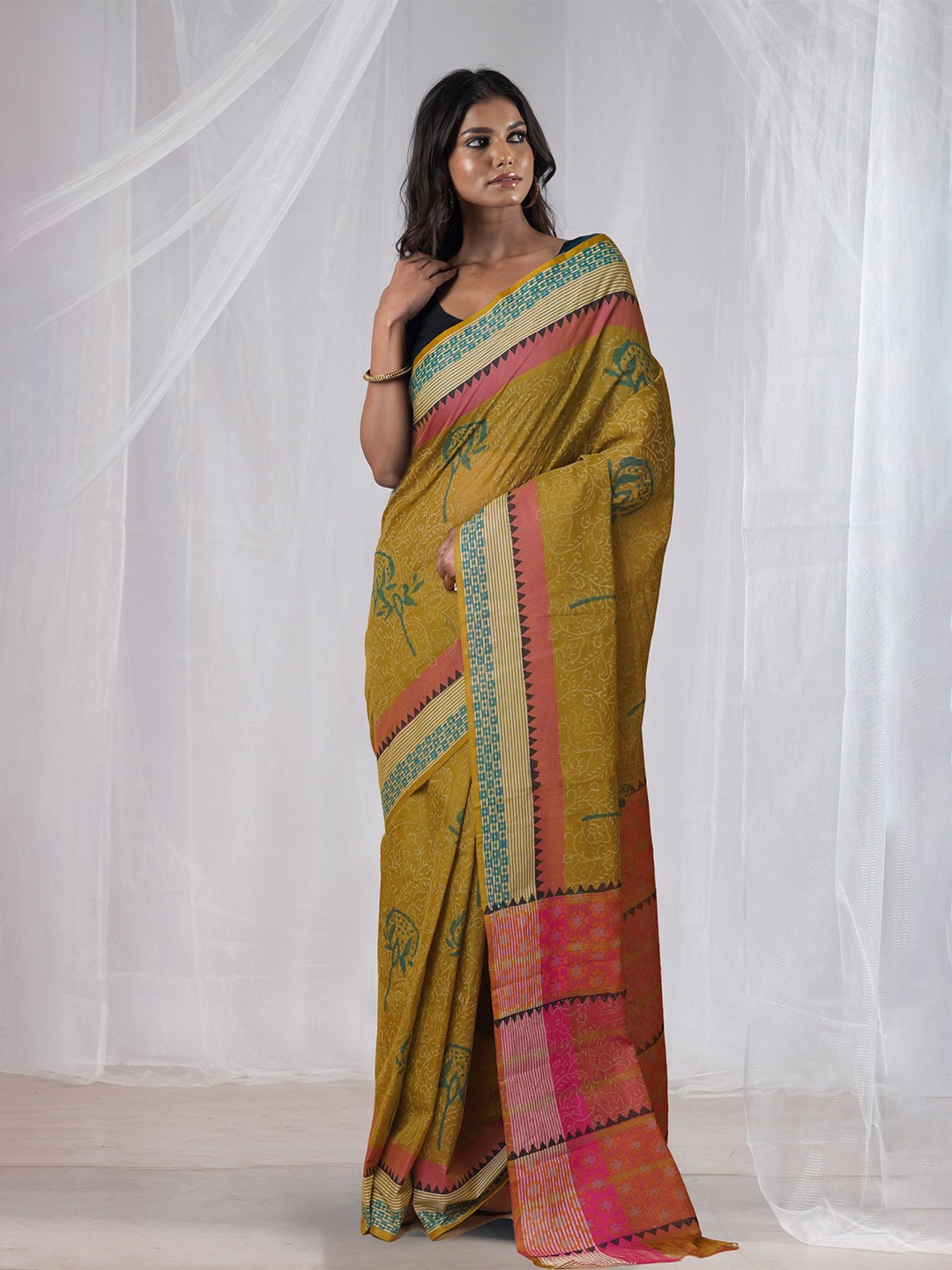 

Unnati Silks Ethnic Motifs Pure Cotton Handloom Mangalagiri Saree, Green