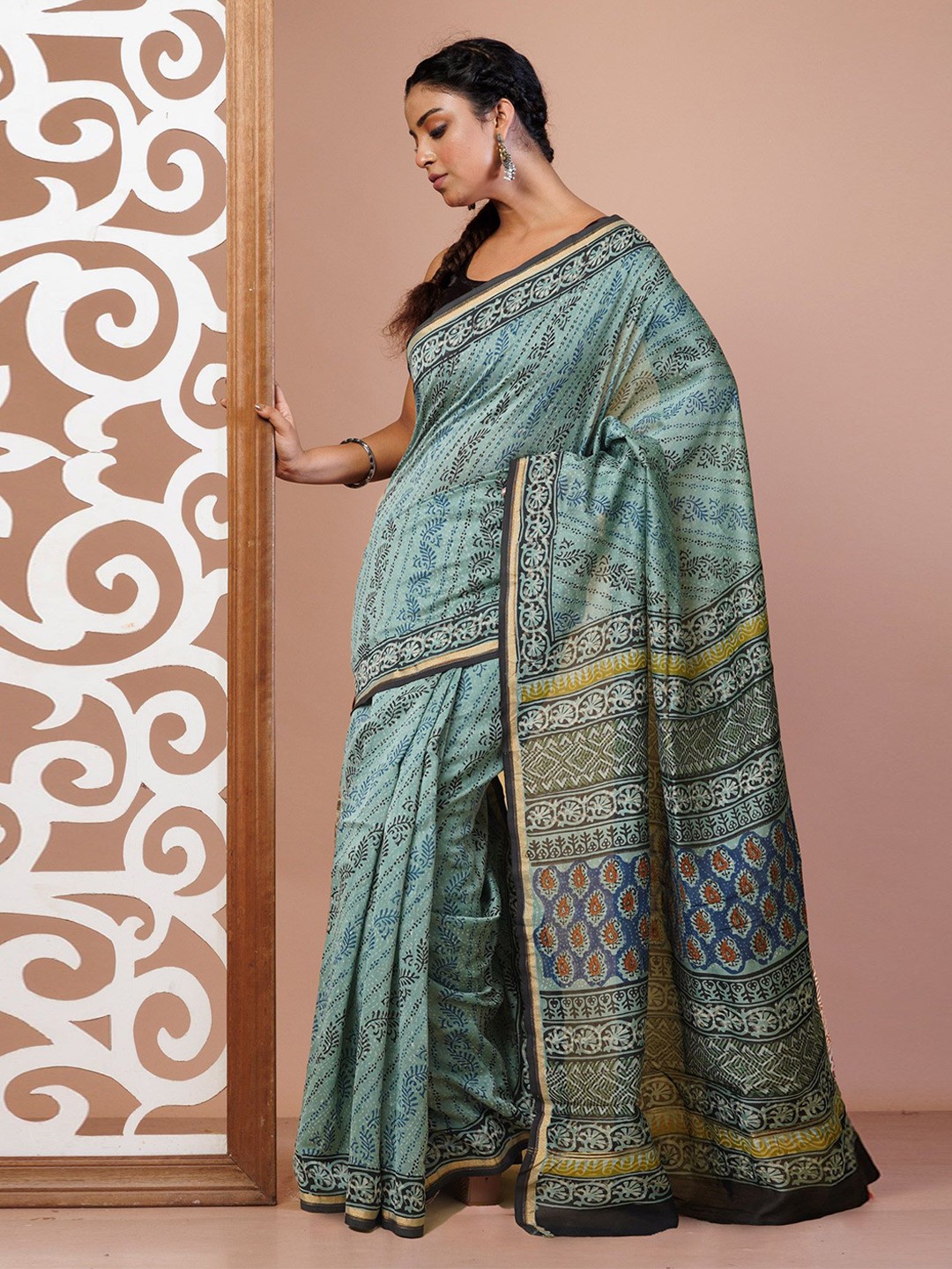 

Unnati Silks Kalamkari Zari Silk Cotton Handloom Chanderi Saree, Blue