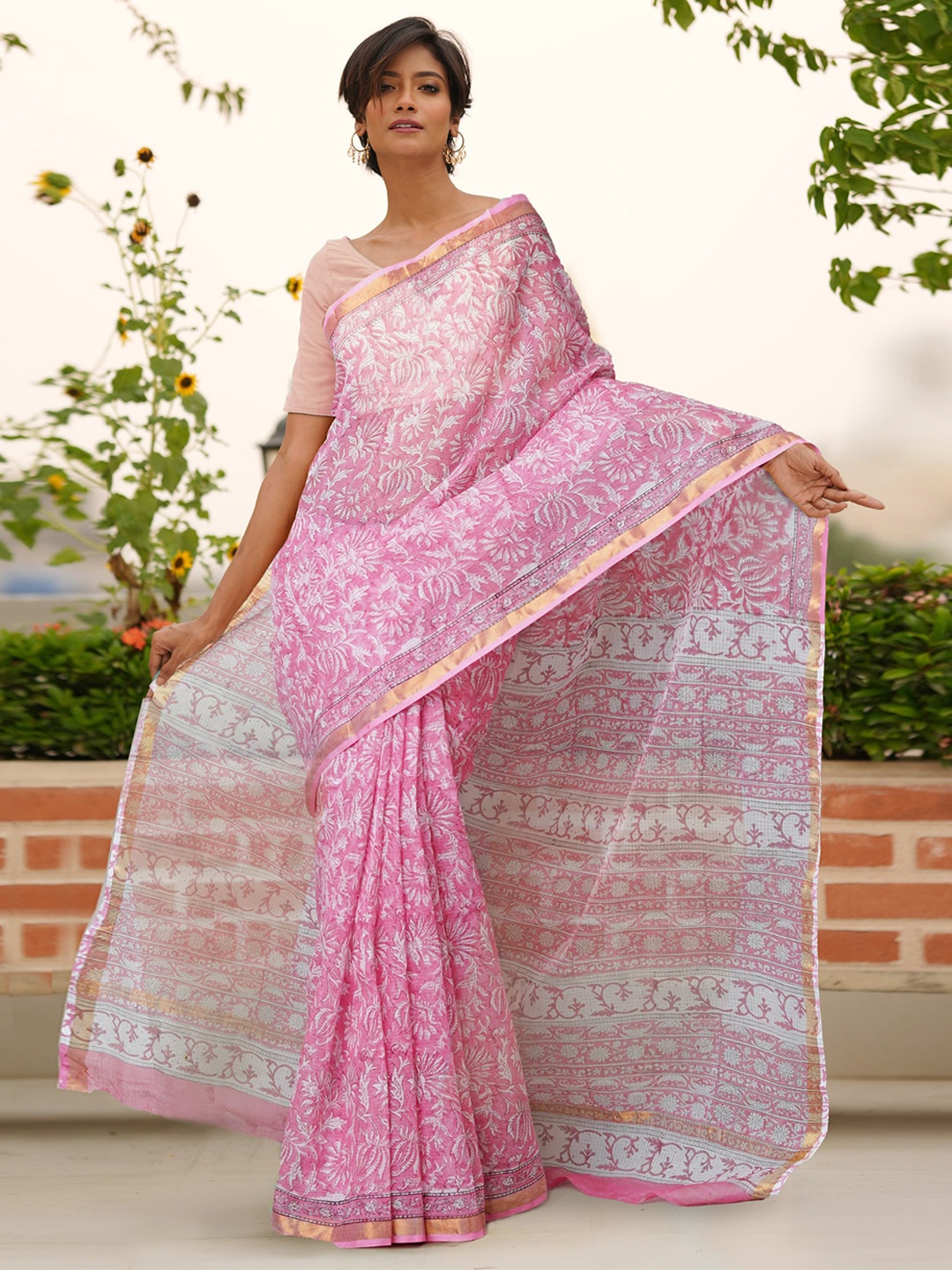 

Unnati Silks Ethnic Motifs Zari Silk Cotton Handloom Kota Saree, Pink